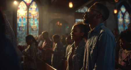 Obraz premium People worshiping in church with stained glass windows, warm light creating peaceful and spiritual atmosphere