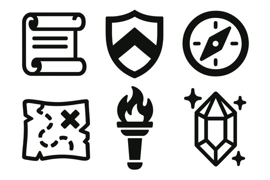 Epic Quest Icons. Epic Quests silhouette icon set: scroll, shield, compass, map, torch, enchanted gem.