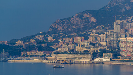 Fototapeta premium Cityscape of Monte Carlo with morning light timelapse, Monaco at summer sunrise.
