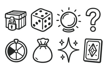Mystery Loot Icons. Mystery Loot outline icons: loot box, dice roll, glowing orb, question mark, random spinner, surprise bag, sparkle burst, rare item card.