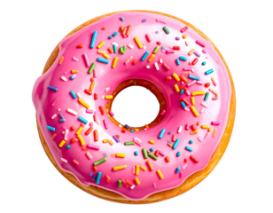 Delicious overhead shot of a frosted pink donut with colorful sprinkles