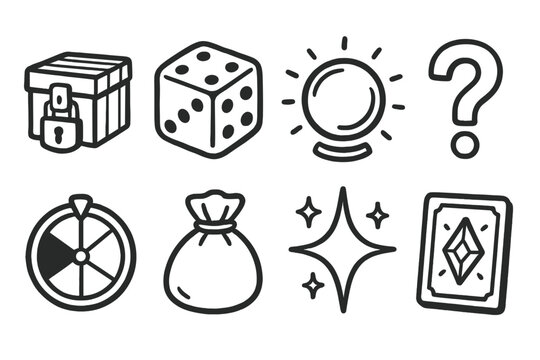 Mystery Loot Icons. Mystery Loot outline icons: loot box, dice roll, glowing orb, question mark, random spinner, surprise bag, sparkle burst, rare item card.