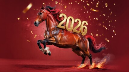 A horse with gold inserts jumps on a red background, scattering golden confetti. "2026", made in gold, indicating a celebration or a New Year's theme.