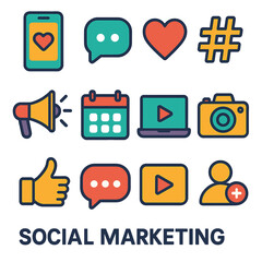 Fototapeta premium Social Media Icons. Social Media Marketing flat icons: smartphone, chat bubble, heart icon, hashtag, megaphone, calendar, laptop, camera, thumbs up, comment icon, video play button