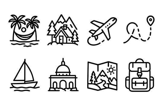 Travel Icons Collection. Getaway Concepts linear icon set: hammock on beach, mountain lodge, airplane route, sailboat, city landmark, travel brochure, adventure backpack, scenic