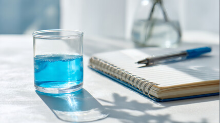 A glass of blue liquid, a notebook, and a pen on a white surface.