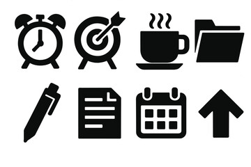 Bold Productivity Icons. Productivity Planner Set silhouette icon set: alarm clock, goal board, coffee cup, folder, pen, document, calendar, arrow.