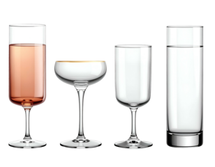 Four stemware glasses, one filled with pink liquid, set against a black backdrop