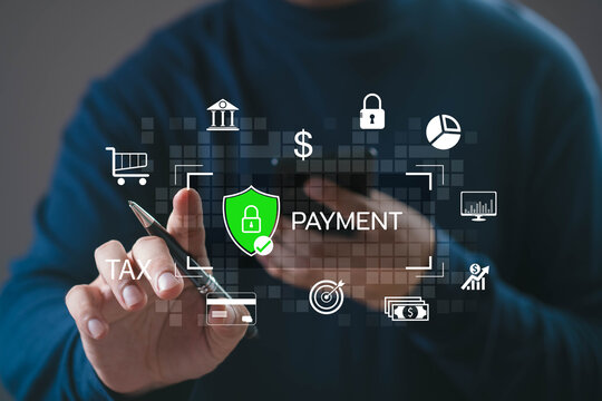 A person using a smartphone for secure online payment with digital finance icons, representing fintech, cybersecurity, e-commerce, banking, safe transaction concepts in modern financial technology.