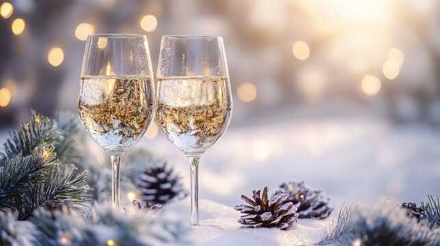 two glasses of champagne in the snow, a new year's eve celebration with pine cones and white lights in the background