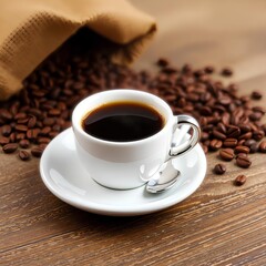 Freshly brewed dark coffee in a white cup with scattered roasted beans on a rustic wooden table