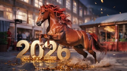 A horse with gold inserts jumps on a red background, scattering golden confetti. "2026", made in gold, indicating a celebration or a New Year's theme.