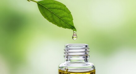 A single leaf with water droplet falling into glass vial, soft green background