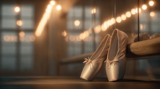 Ballet pointe shoes resting on a barre in warm glowing studio lights, soft shadows, elegant and serene atmosphere, realistic textures, cinematic composition, modern photography style 