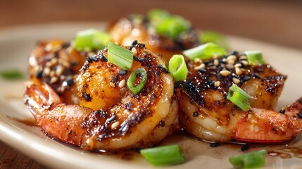 Close-up of grilled shrimp glazed with honey garlic sauce and topped with sesame and green onions, showcasing gourmet seafood, realistic textures, warm natural lighting, modern food photography style
