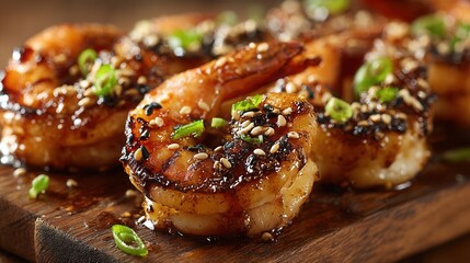 Close-up of grilled shrimp glazed with honey garlic sauce and topped with sesame and green onions, showcasing gourmet seafood, realistic textures, warm natural lighting, modern food photography style