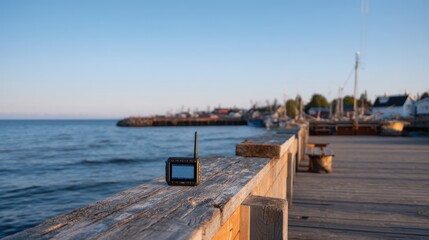 Portable GPS Device on Weathered Dock with Calm Waters and Boats in Background