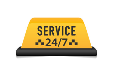 24 7 hour yellow taxi .Yellow taxi chess lamp and text for the car roof. Automobile cab business emblem city trip. Vector illustration