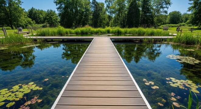 A wooden bridge extends across a calm pond with lily pads, leading to lush greenery