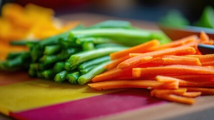 Fresh vegetables and vibrant carrot sticks being sliced on a multicolored cutting board, realistic textures, bright natural lighting, modern food photography style, shallow depth of field.