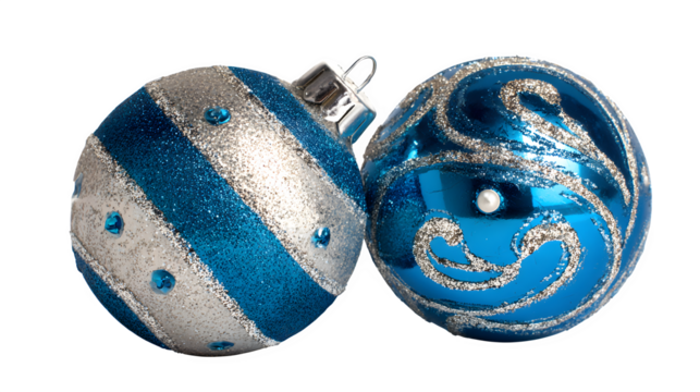 Blue and silver Christmas ornaments in glossy finish isolated on white background - Powered by Adobe