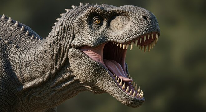 A close-up of a fearsome dinosaur's head, showing skin texture and sharp teeth, roaring - Powered by Adobe