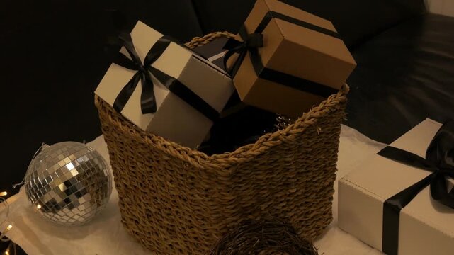 Christmas parcel scene unfolds with decorative basket filling up with gifts, camera zooms in on festive arrangement and ambiance. Parcel christmas concept