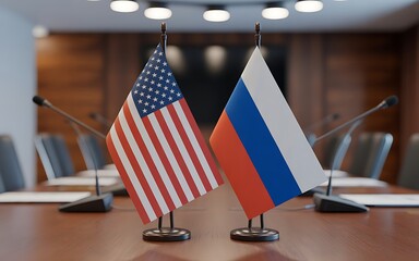 Flags of the United States and Russia on a Conference Table Symbolizing Diplomacy and International Relations Peace Negotiation Hope for Understanding and Cooperation