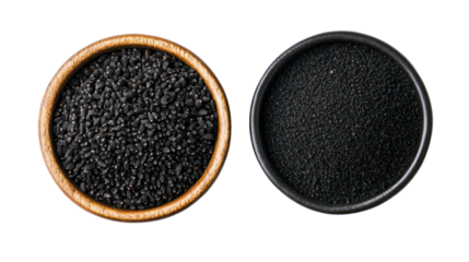 Black Cumin Seeds and Black Cumin Powder in a Bowl Overhead on Transparent Background