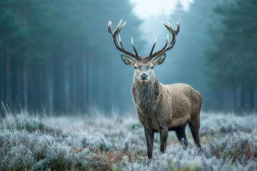 Majestic stag with impressive antlers stands regally in a misty forest clearing on a frosty autumn morning