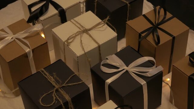 Christmas gift boxes arranged beautifully with decorative ribbons and twinkling lights, camera pans across the festive scene. Parcel christmas concept. selection assortment