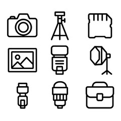 Photography Gear Icons. Photography Essentials linear icon set: camera, tripod, lens, memory card, flash, photo frame, light, bag.