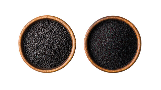 Black Cumin Seeds and Black Cumin Powder in a Bowl Overhead on Transparent Background