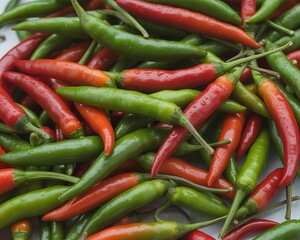 Fresh Pile of Mixed Green and Red Chili Peppers Background for Cooking and Food Concepts