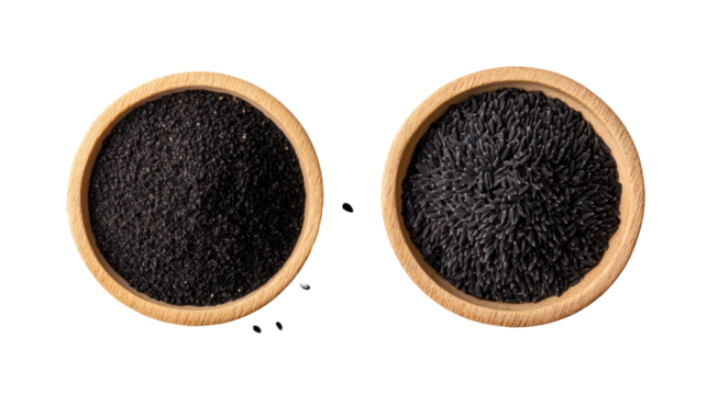 Two oval baskets filled with black sesame seeds isolated on transparent background