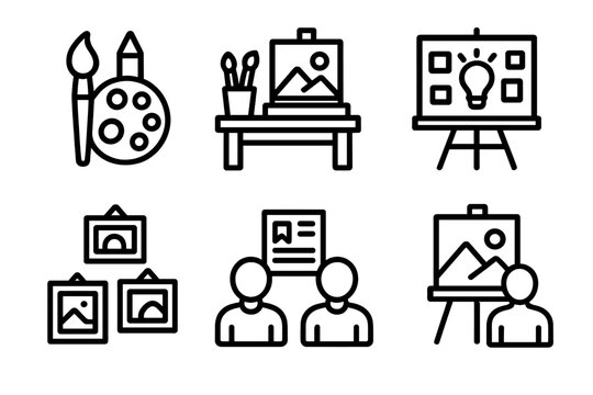 Creative Workshop Icons. Creative Community linear icon set: art tools, workshop table, brainstorming board, gallery wall, collaboration, project showcase.