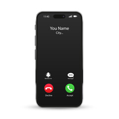 Incoming call phone app on a screen. Smartphone with call in screen. Accept button, Reject button. Incoming call. Call screen template. Vector illustration