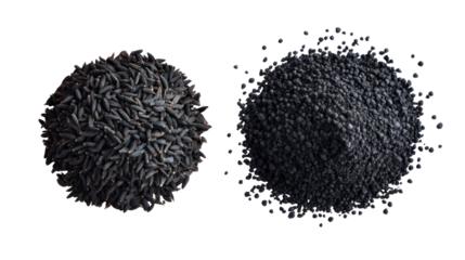 Two piles of black seeds forming abstract shapes isolated on transparent background