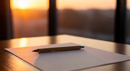 A serene moment with a pen on a blank page bathed in the warm glow of sunset, perfect for brainstorming, journaling, or quiet reflection