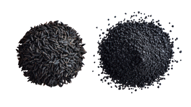 Two piles of black seeds forming abstract shapes isolated on transparent background - Powered by Adobe