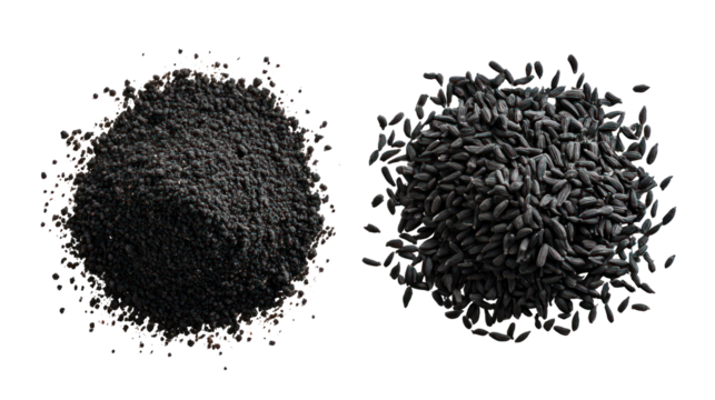 Two piles of dark seeds isolated on transparent background
