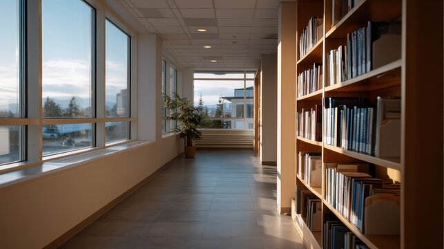 Quiet Library Aisles with Sunlight Glowing on Stacked Intellectual Literature Books - Powered by Adobe