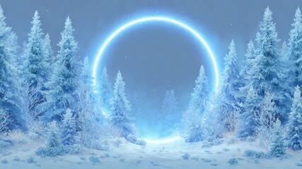 Frosty winter forest with glowing neon ring portal in snowy landscape under calm night sky with falling snow - Powered by Adobe