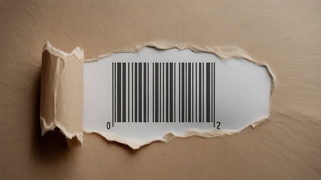 Bar code revealed through a torn cardboard surface highlighting scanning and identification process for product tracking and information retrieval applications