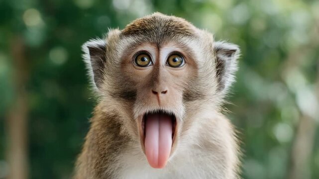 Funny monkey with surprised face and tongue out looking at camera in jungle showing playful animal emotion