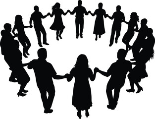 Black silhouette of diverse people holding hands in a circle dancing or performing a communal activity unity and teamwork concept vector illustration
