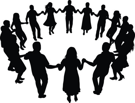 Black silhouette of diverse people holding hands in a circle dancing or performing a communal activity unity and teamwork concept vector illustration