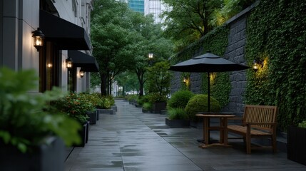 Rainy Urban Oasis with Umbrella and Lush Greenery in Afternoon Setting