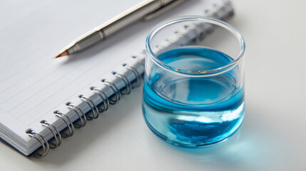 A clear glass of vibrant blue liquid sits beside an open spiral notebook and a silver pen on a white surface.