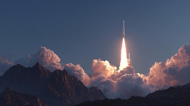 Powerful rocket blasts off into twilight sky, igniting clouds with fiery exhaust amidst dramatic mountain landscape, symbolizing ambition and breakthrough
